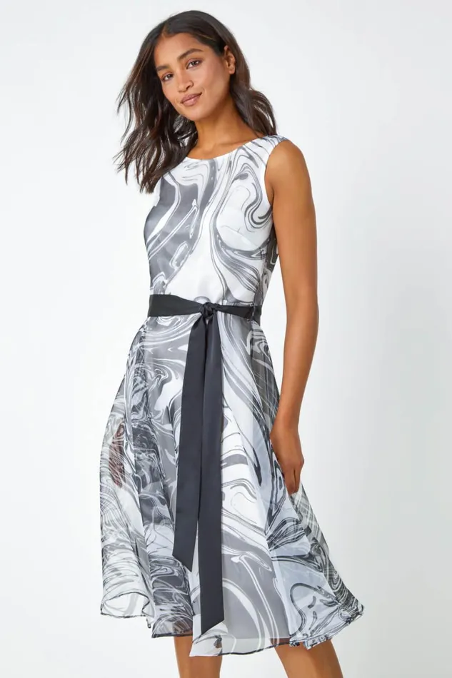 Women Black Sleeveless Marble Print Dress Roman Dresses