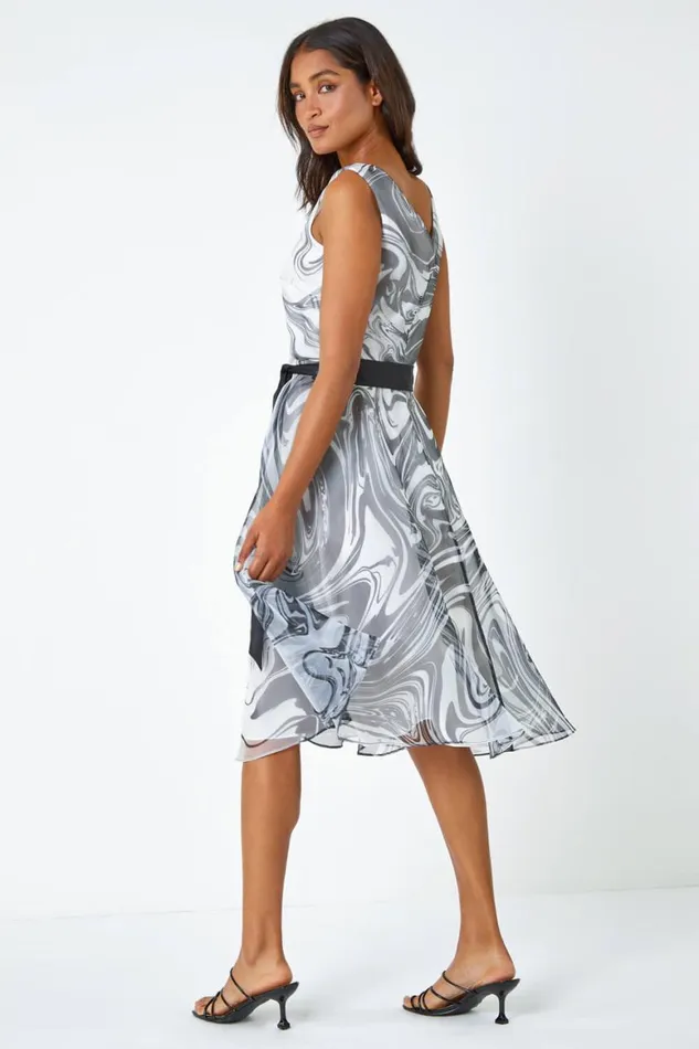 Women Black Sleeveless Marble Print Dress Roman Dresses
