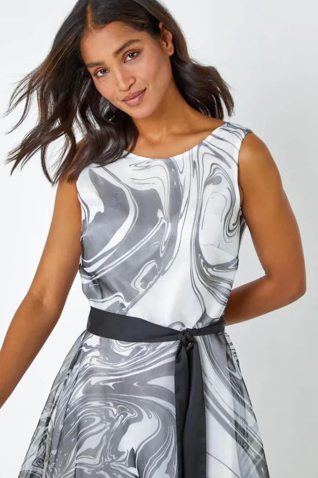Women Black Sleeveless Marble Print Dress Roman Dresses