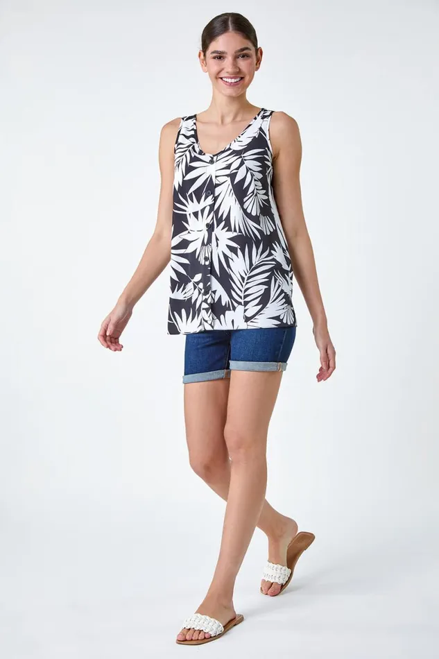 Women Black Sleeveless VNeck Palm Print Button Cami Top Roman Tops