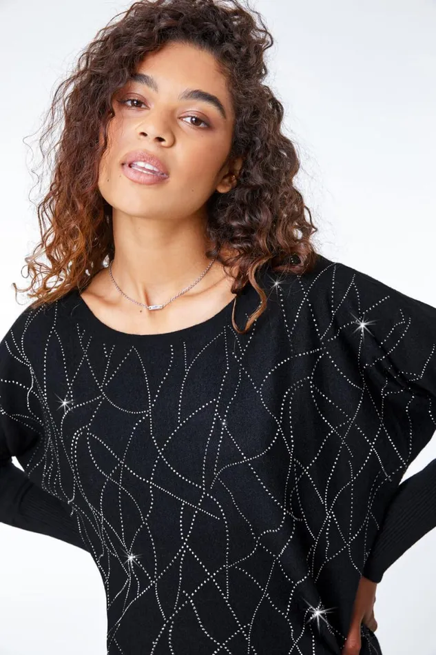 Women Black Sparkle Embellished Linear Jumper Roman Knitwear