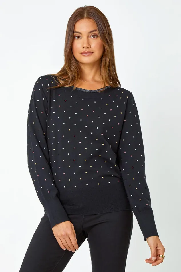 Women Black Sparkle Spot Embellished Jumper Roman Knitwear