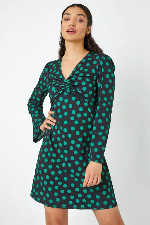 Women Black Spot Print Twist Front Dress Roman Dresses