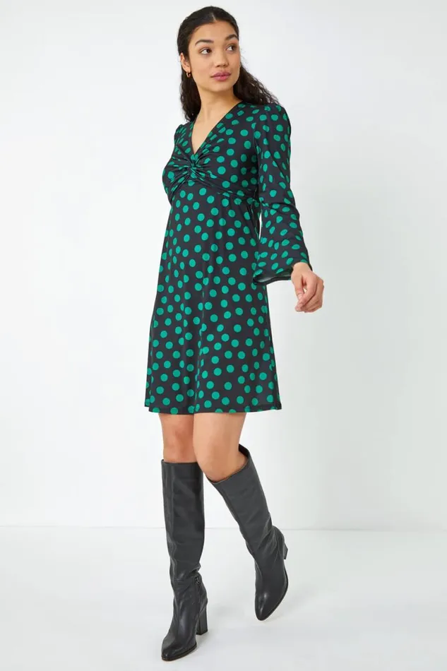 Women Black Spot Print Twist Front Dress Roman Dresses