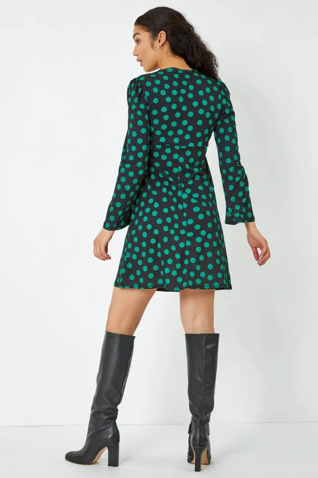 Women Black Spot Print Twist Front Dress Roman Dresses