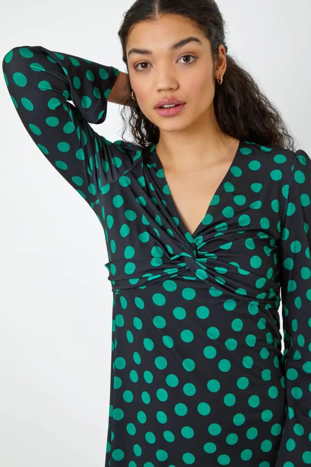 Women Black Spot Print Twist Front Dress Roman Dresses
