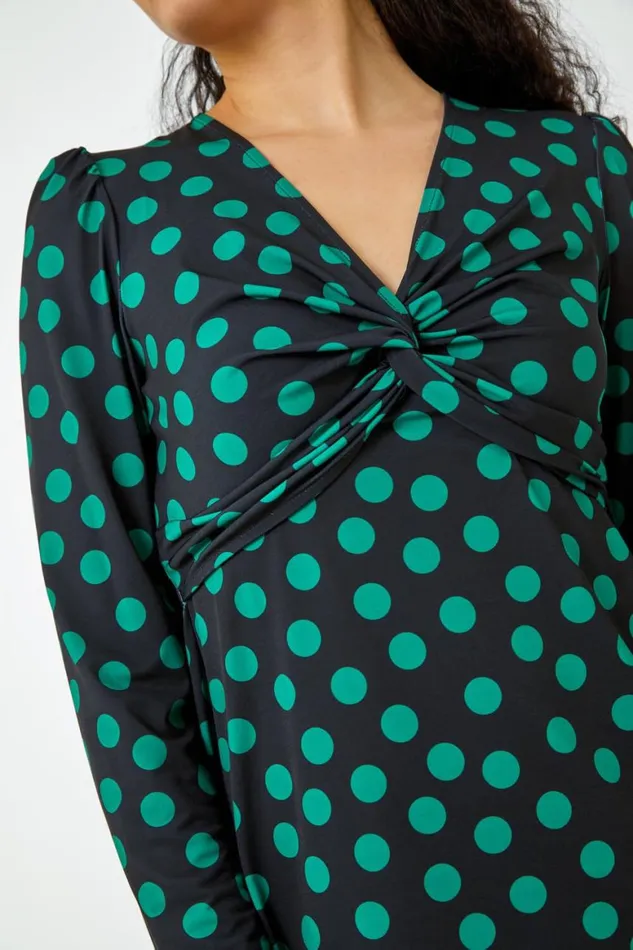 Women Black Spot Print Twist Front Dress Roman Dresses