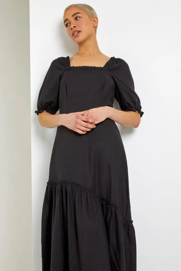 Women Black Square Neck Asymmetric Tiered Midi Dress Roman Dresses