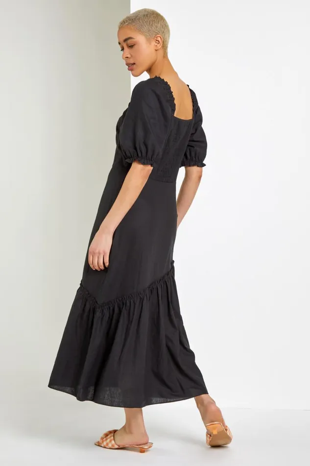 Women Black Square Neck Asymmetric Tiered Midi Dress Roman Dresses