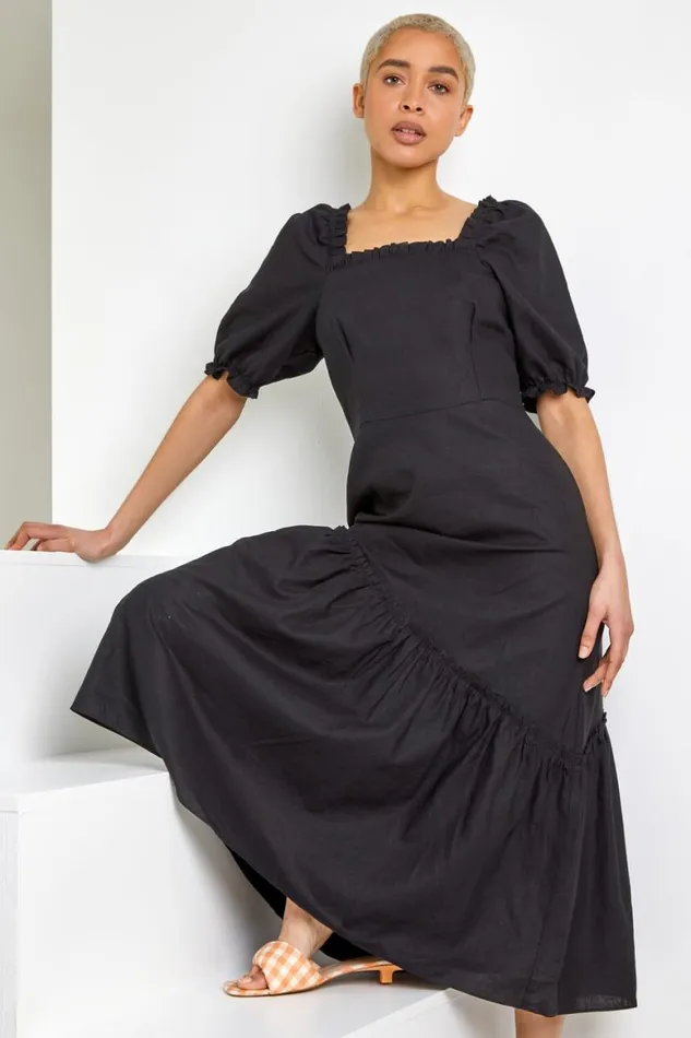 Women Black Square Neck Asymmetric Tiered Midi Dress Roman Dresses