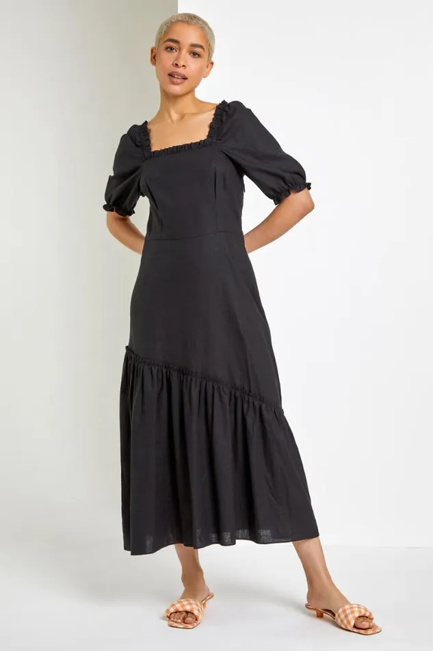 Women Black Square Neck Asymmetric Tiered Midi Dress Roman Dresses