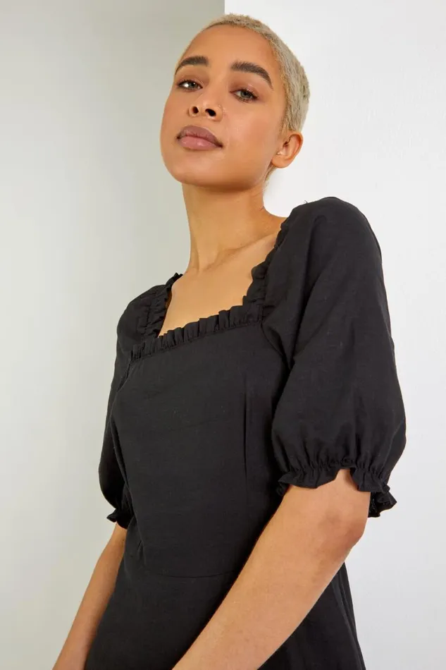 Women Black Square Neck Asymmetric Tiered Midi Dress Roman Dresses