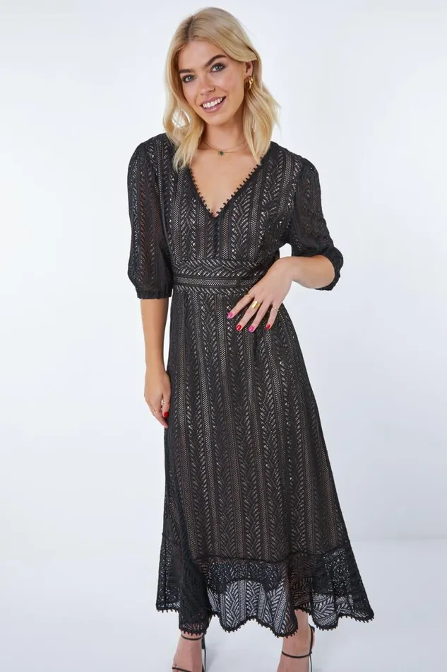 Women Black Stretch Lace Frill Hem Dress Roman Dresses