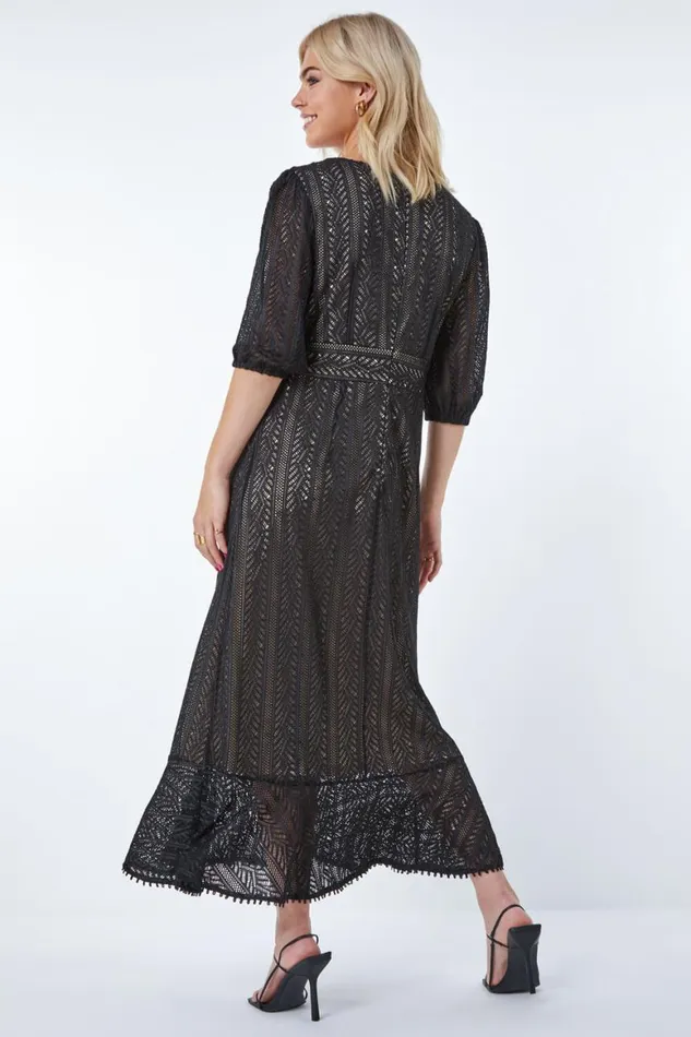 Women Black Stretch Lace Frill Hem Dress Roman Dresses