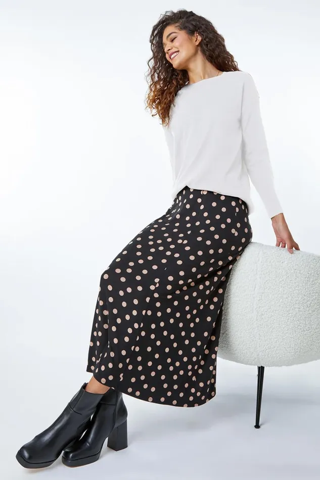 Women Black Stretch Midi Polka Dot Skirt Roman Skirts