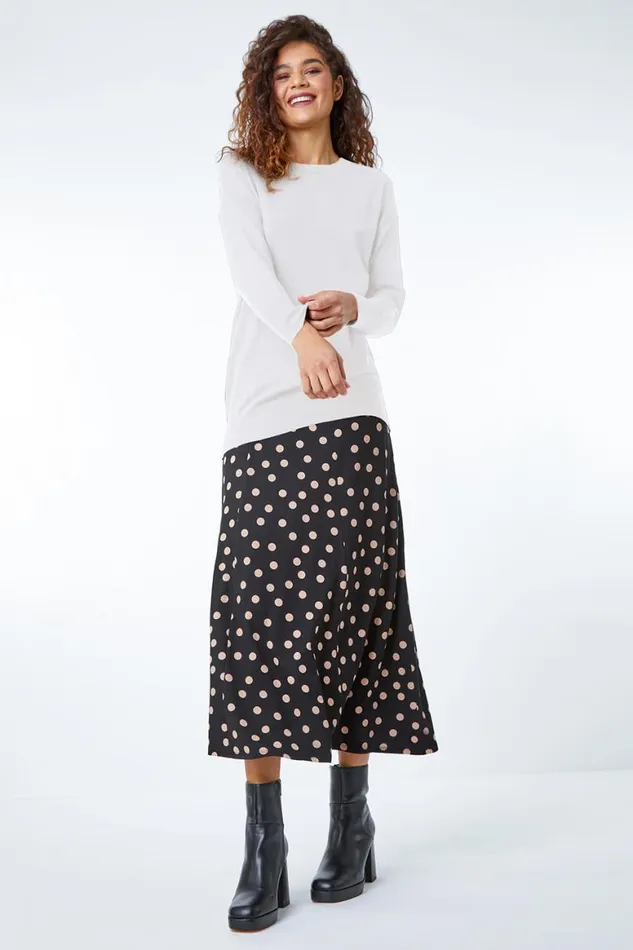 Women Black Stretch Midi Polka Dot Skirt Roman Skirts