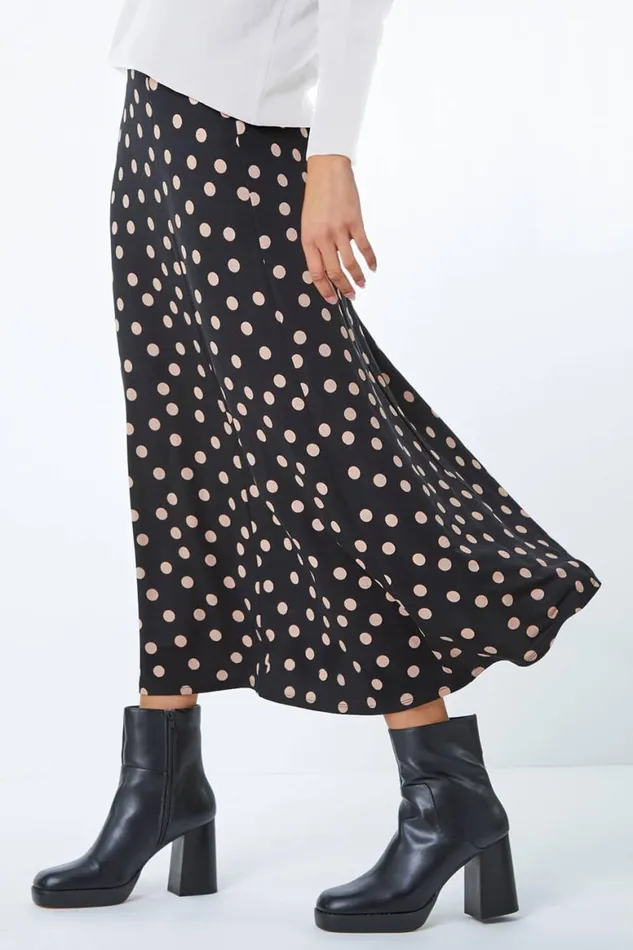 Women Black Stretch Midi Polka Dot Skirt Roman Skirts