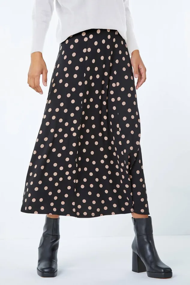 Women Black Stretch Midi Polka Dot Skirt Roman Skirts