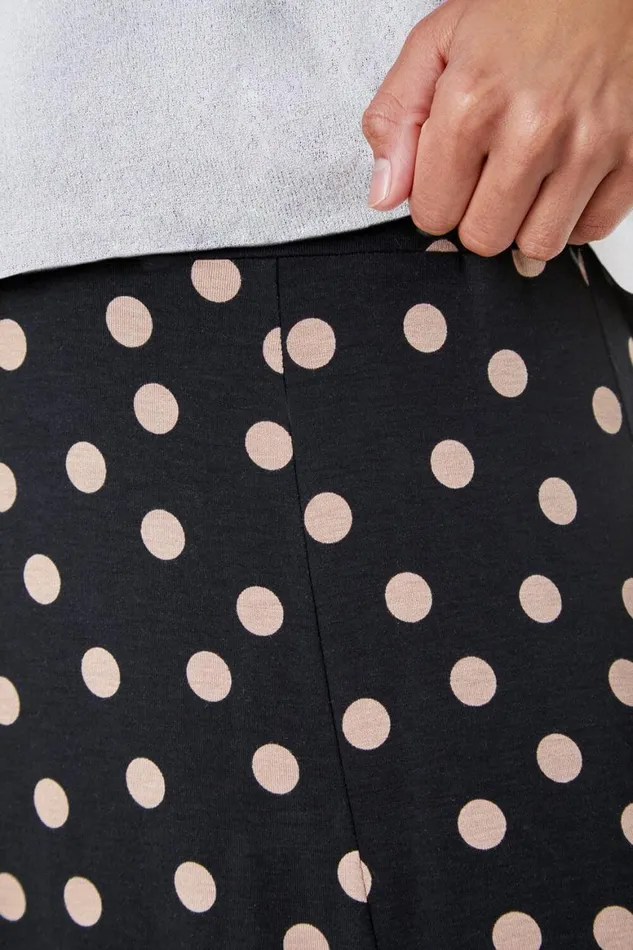 Women Black Stretch Midi Polka Dot Skirt Roman Skirts