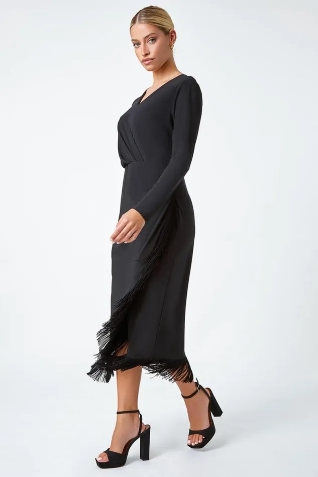 Women Black Tassel Trim Stretch Wrap Dress Roman Dresses