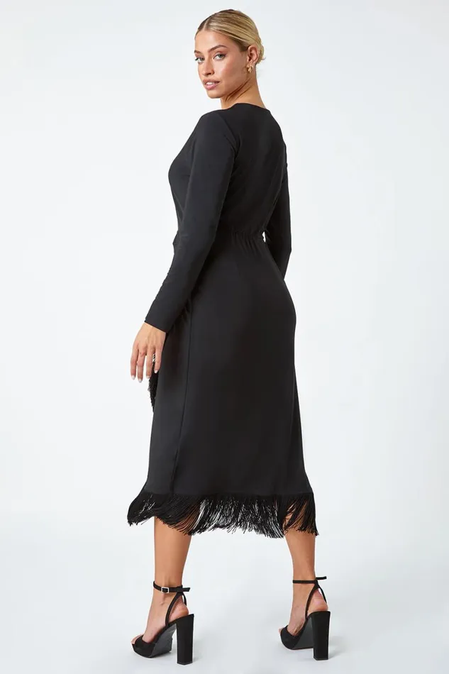 Women Black Tassel Trim Stretch Wrap Dress Roman Dresses