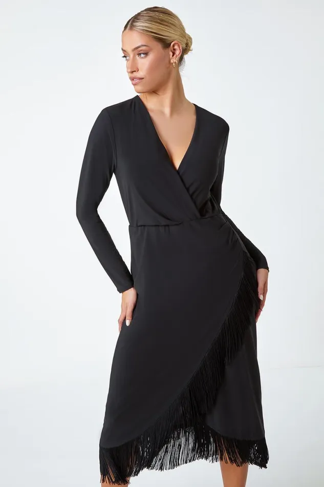 Women Black Tassel Trim Stretch Wrap Dress Roman Dresses