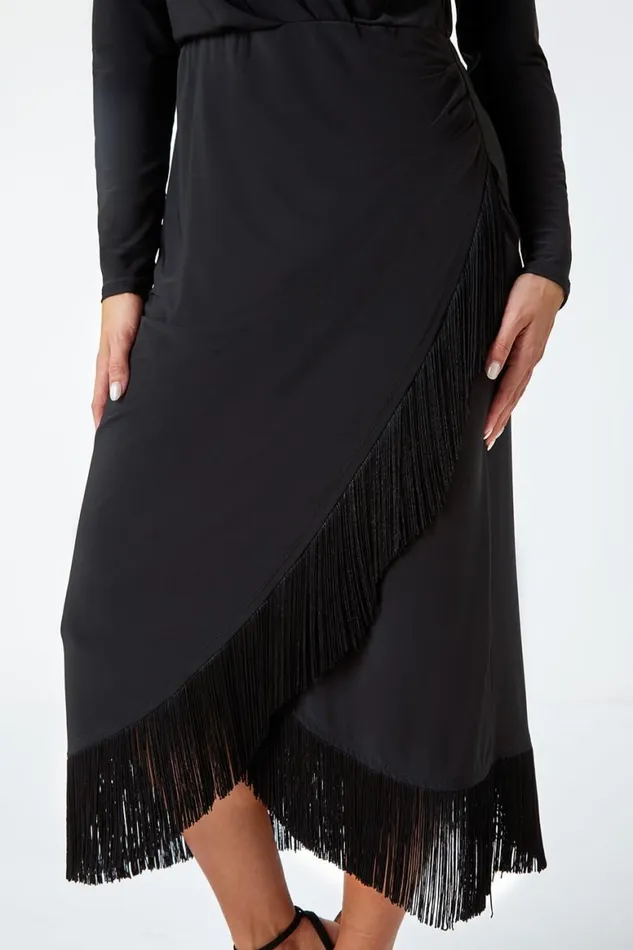 Women Black Tassel Trim Stretch Wrap Dress Roman Dresses
