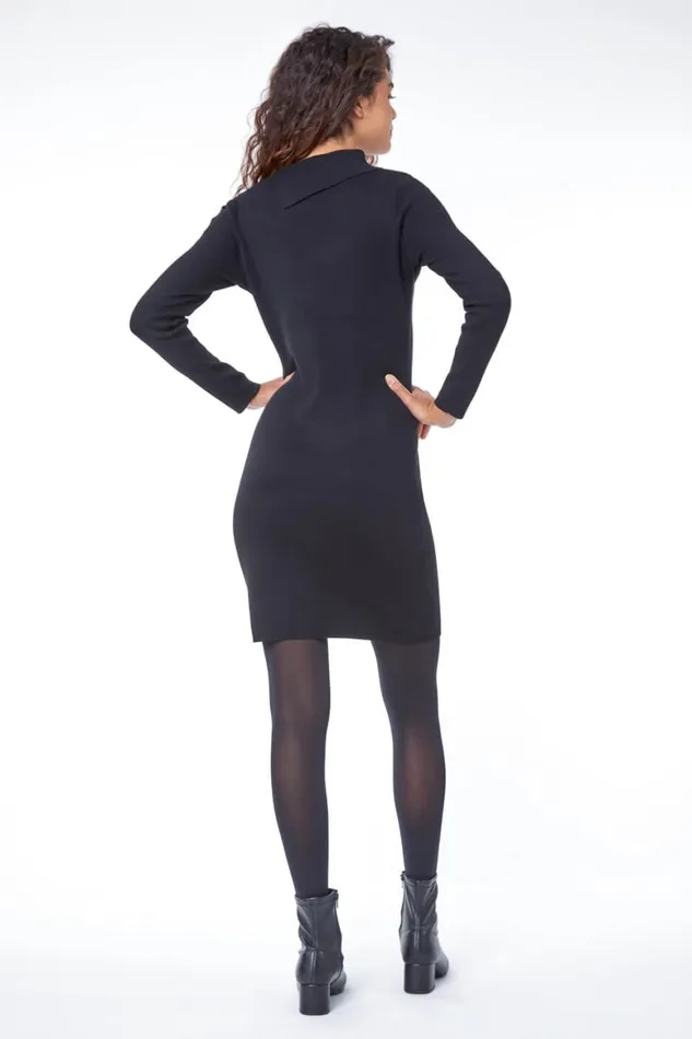 Women Black Turtle Neck Button Detail Jersey Dress Roman Dresses