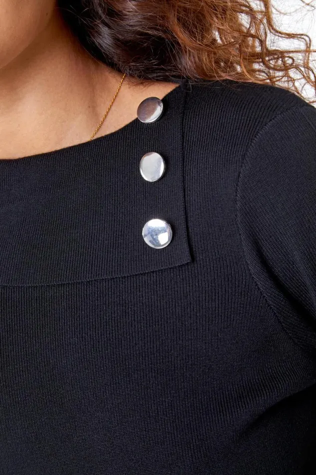 Women Black Turtle Neck Button Detail Jersey Dress Roman Dresses