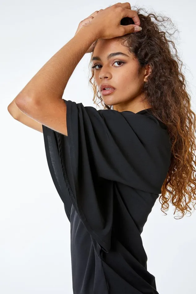 Women Black Twist Neck Embellished Keyhole Top Roman Tops