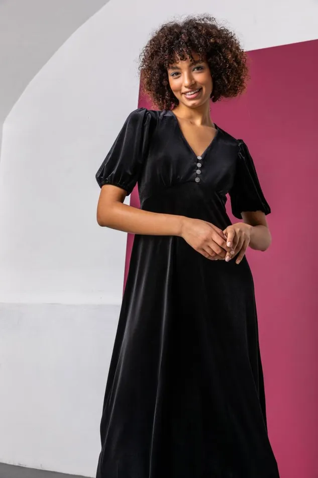 Women Black Velvet Button Detail Fit and Flare Dress Roman Dresses