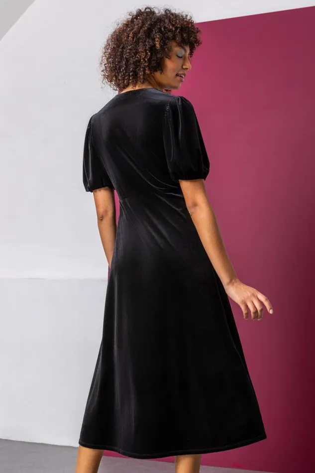 Women Black Velvet Button Detail Fit and Flare Dress Roman Dresses