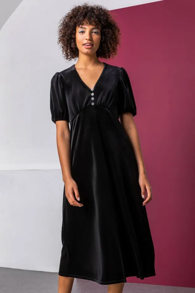 Women Black Velvet Button Detail Fit and Flare Dress Roman Dresses