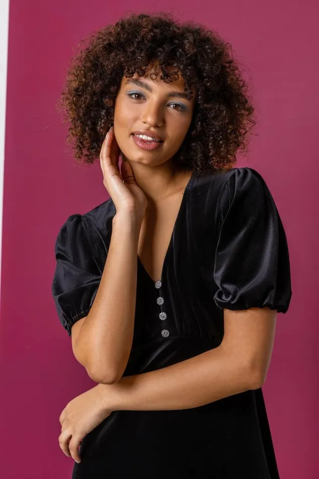 Women Black Velvet Button Detail Fit and Flare Dress Roman Dresses