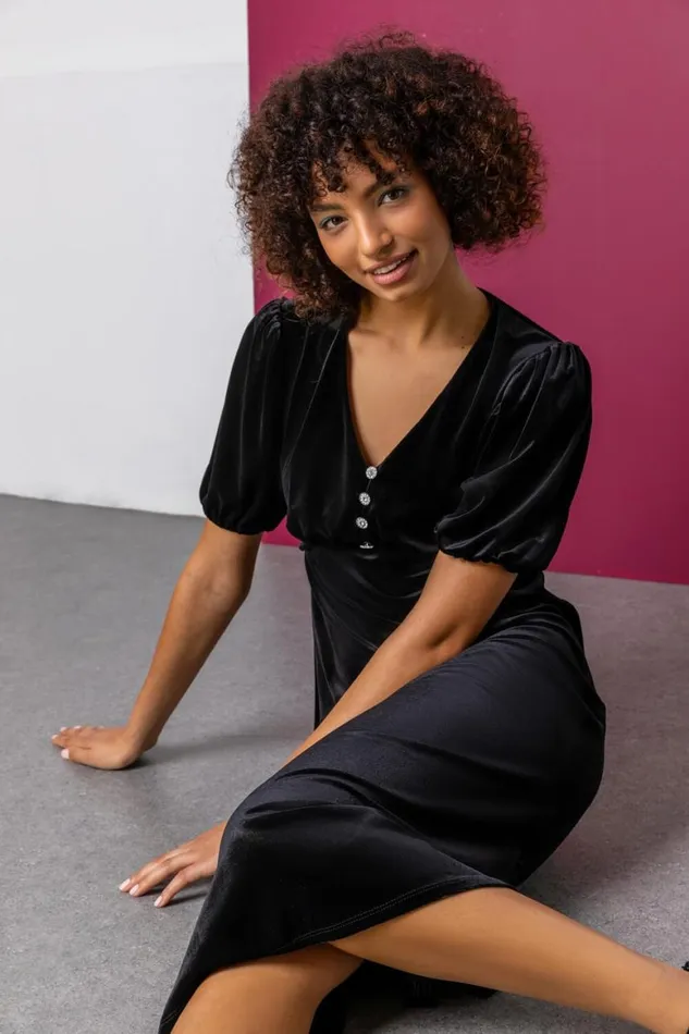 Women Black Velvet Button Detail Fit and Flare Dress Roman Dresses