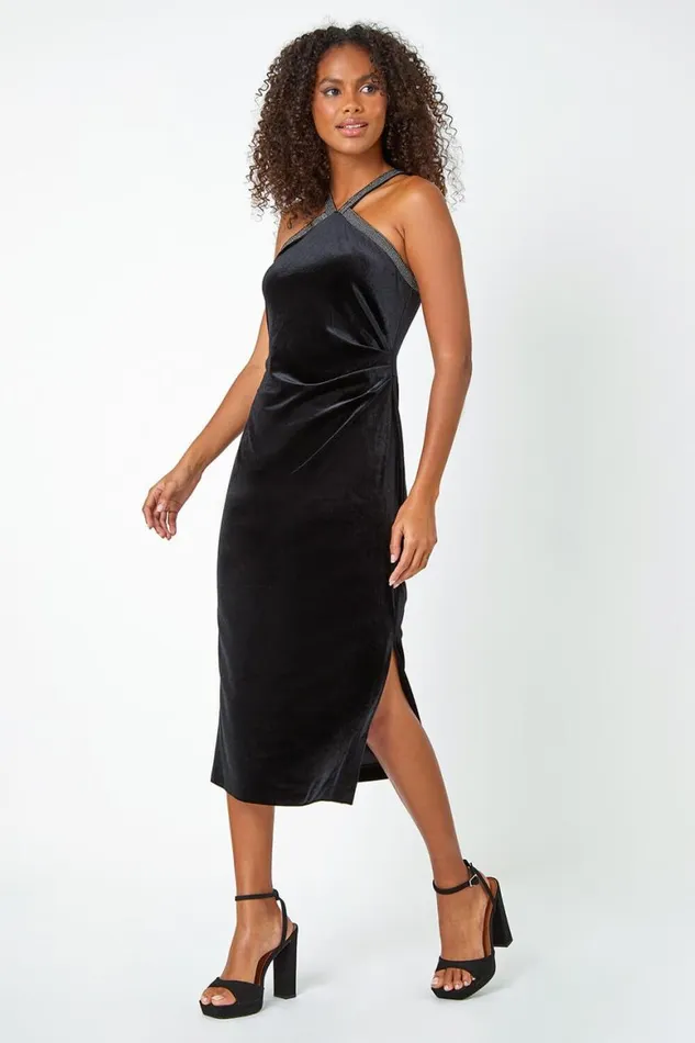 Women Black Velvet Halter Neck Embellished Midi Dress Roman Dresses