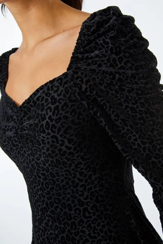 Women Black Velvet Leopard Print Sweetheart Neck Dress Roman Dresses
