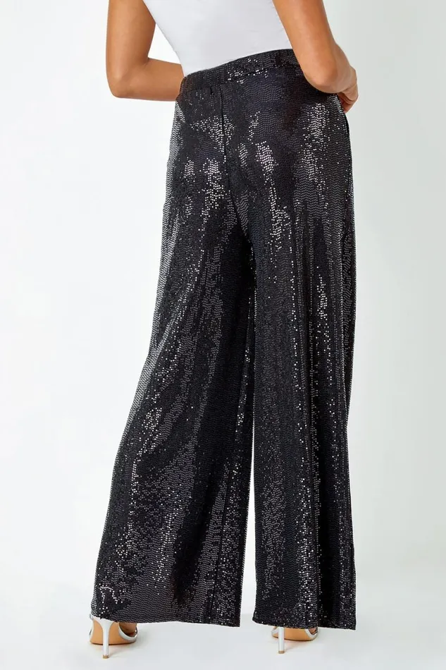 Women Black Wide Leg Sequin Stretch Trousers Roman Trousers