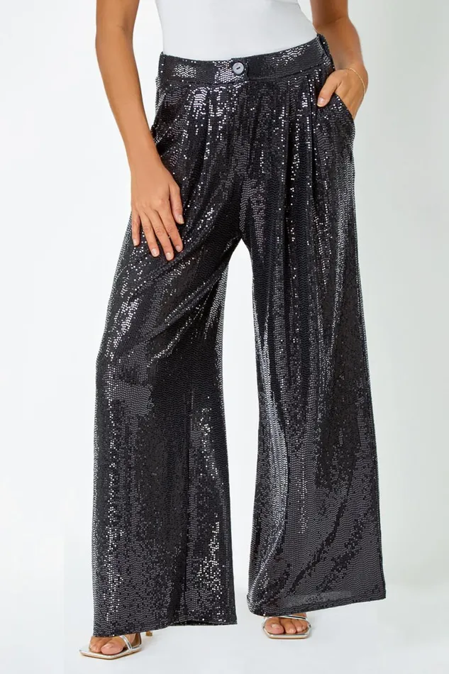 Women Black Wide Leg Sequin Stretch Trousers Roman Trousers