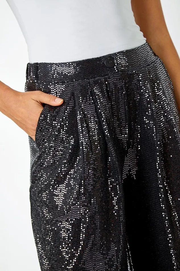 Women Black Wide Leg Sequin Stretch Trousers Roman Trousers