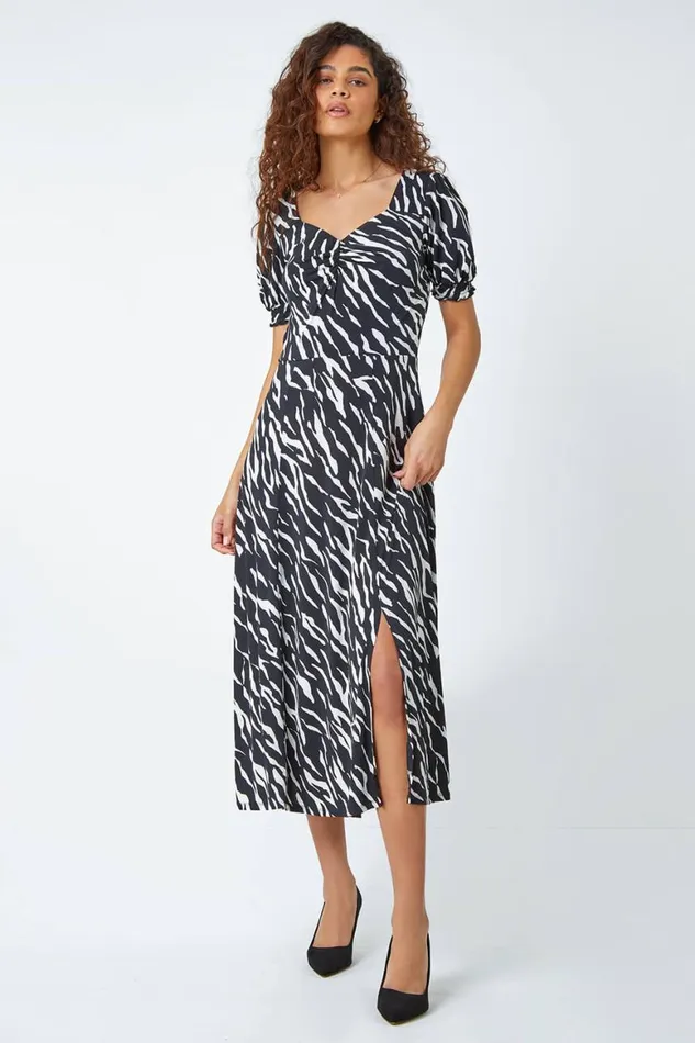 Women Black Zebra Print Stretch Ruched Midi Dress Roman Dresses