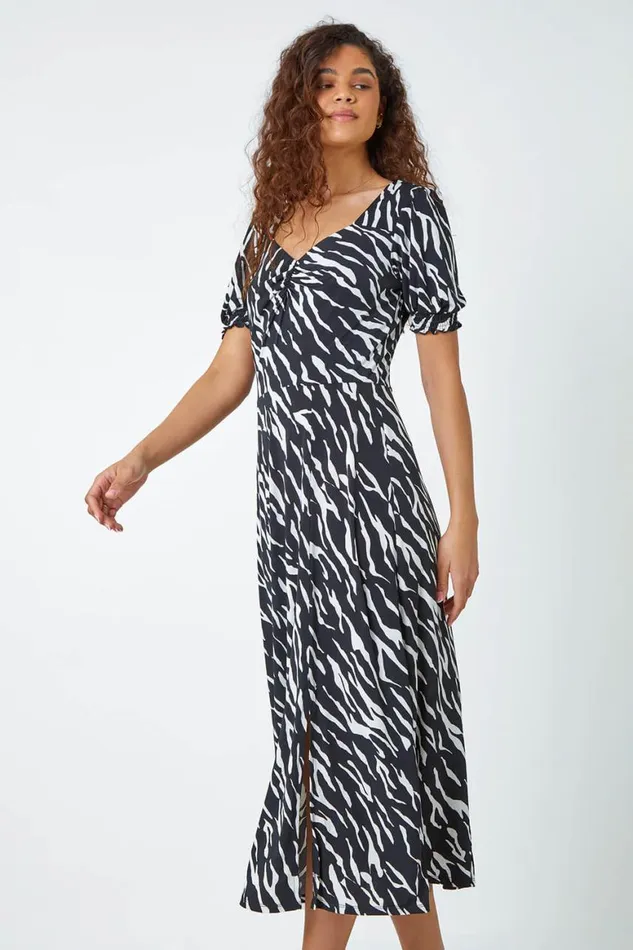 Women Black Zebra Print Stretch Ruched Midi Dress Roman Dresses