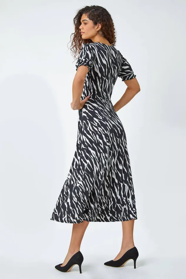 Women Black Zebra Print Stretch Ruched Midi Dress Roman Dresses