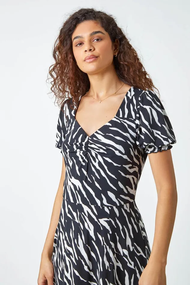 Women Black Zebra Print Stretch Ruched Midi Dress Roman Dresses