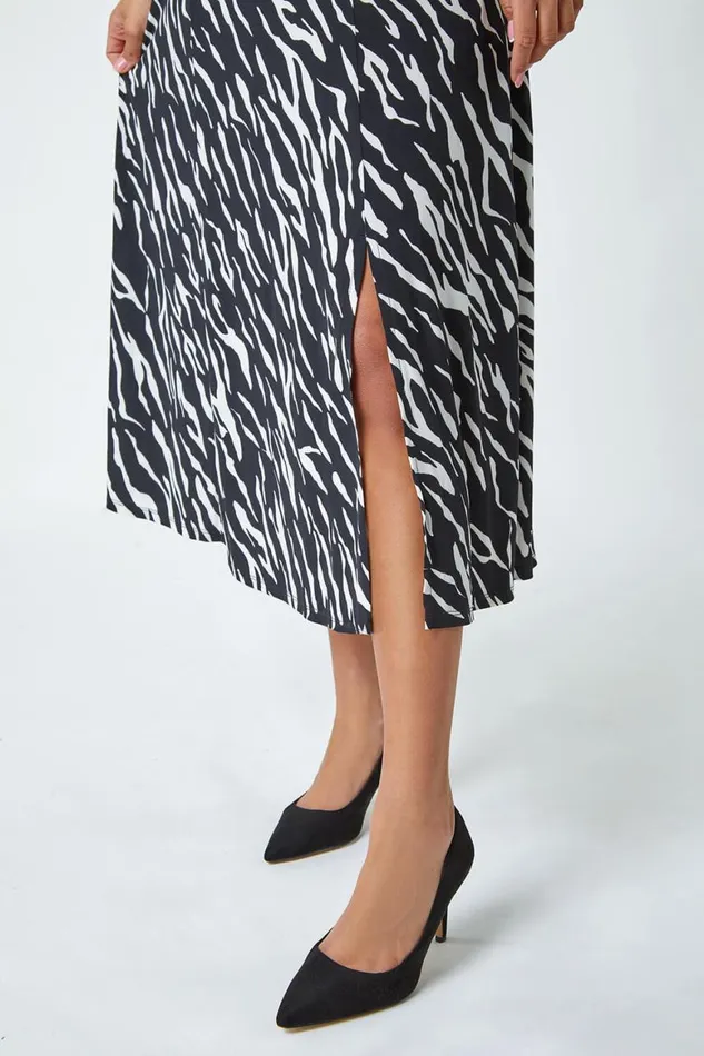 Women Black Zebra Print Stretch Ruched Midi Dress Roman Dresses
