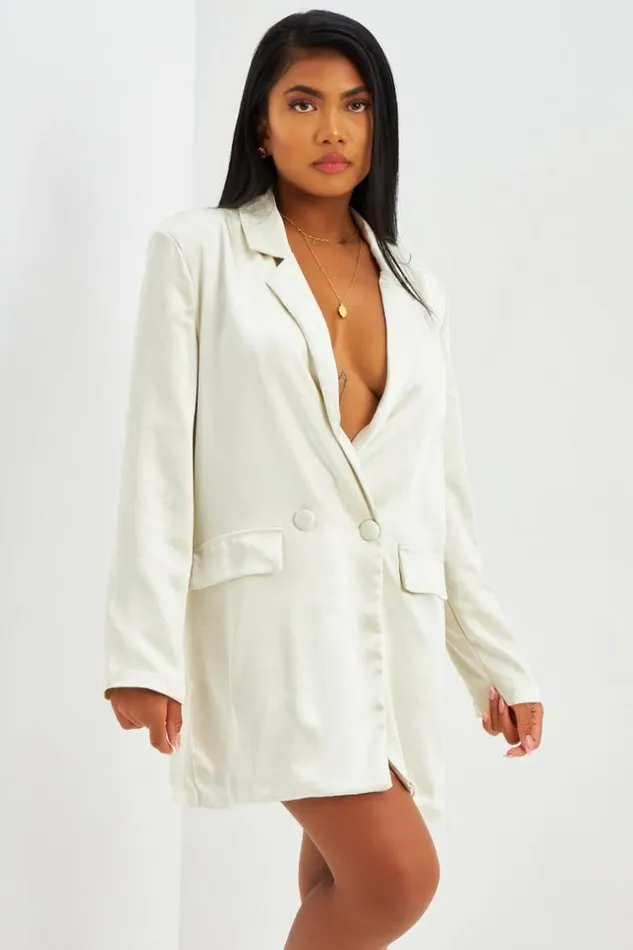 Women Blazer Long Satin cru Beige Brentiny Paris Jackets