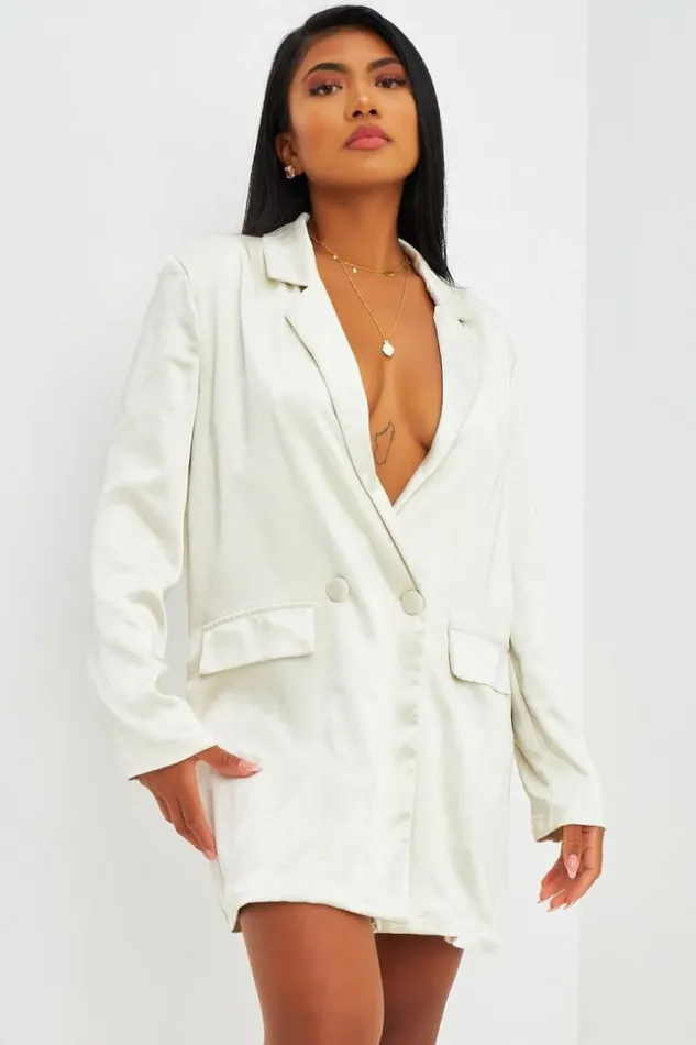 Women Blazer Long Satin cru Beige Brentiny Paris Jackets