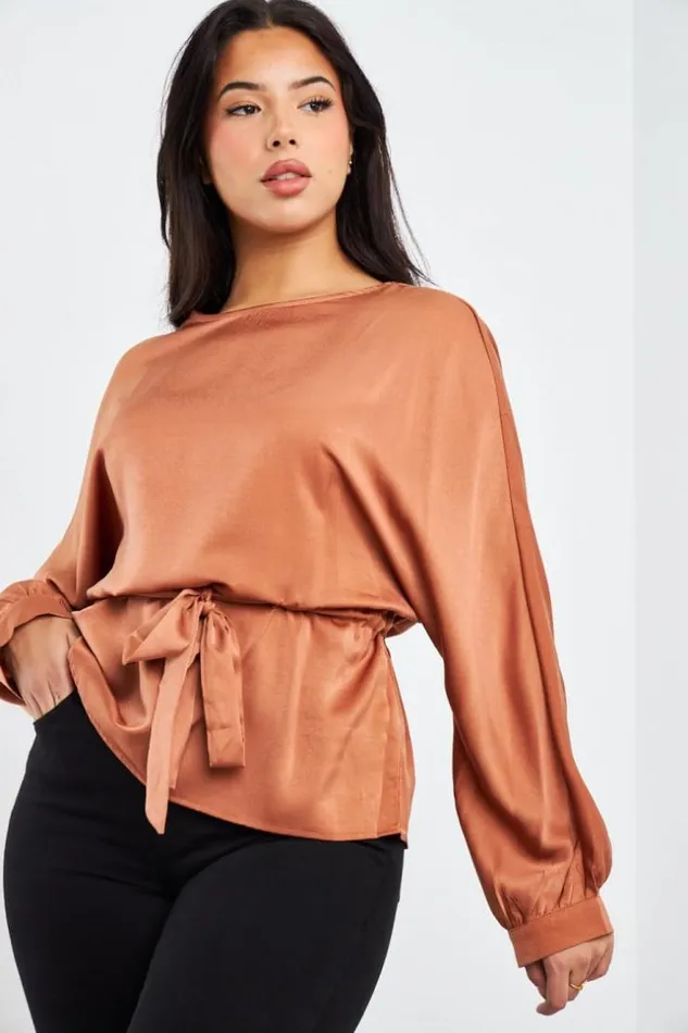 Women Blouse Marron Ceinture Brown Brentiny Paris Shirts and Blouses