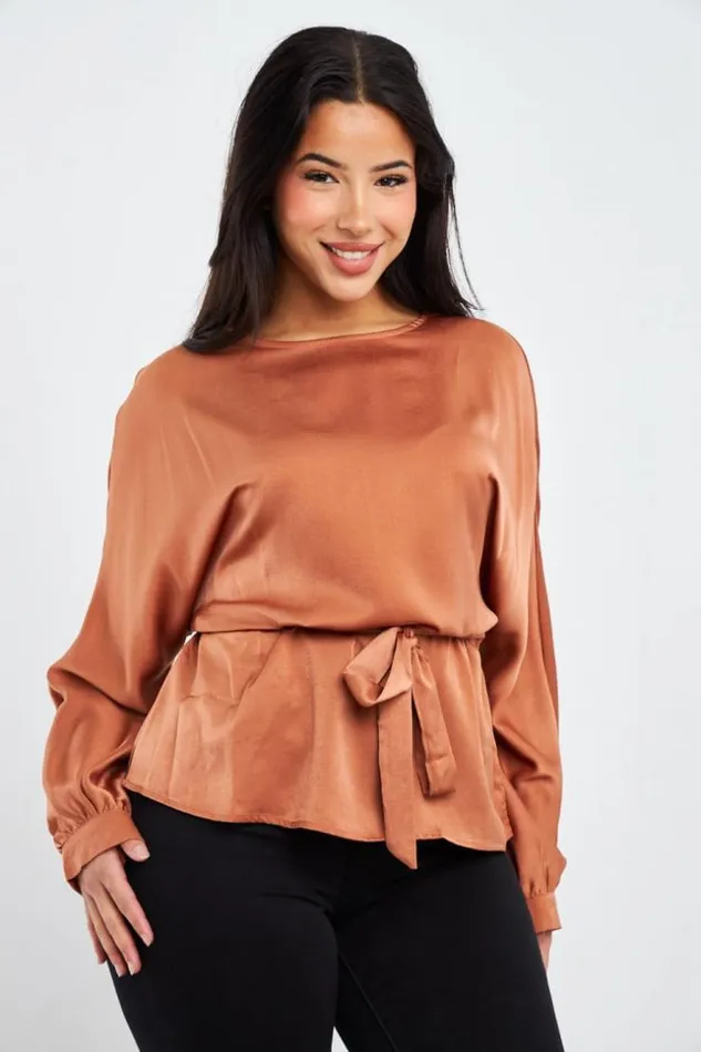 Women Blouse Marron Ceinture Brown Brentiny Paris Shirts and Blouses