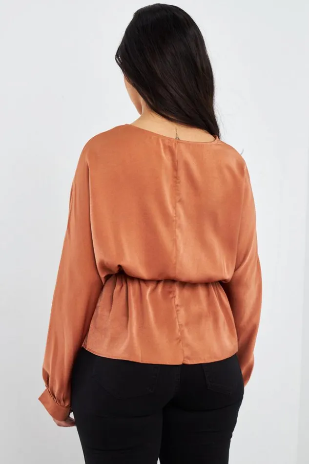Women Blouse Marron Ceinture Brown Brentiny Paris Shirts and Blouses